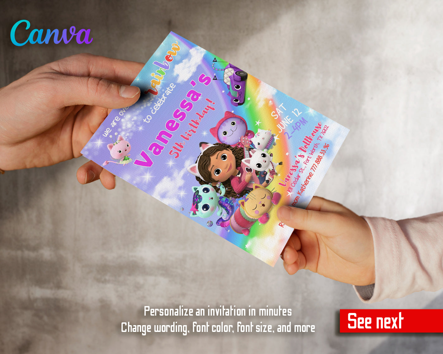 Gabby's Dollhouse customizable invite template girl | instant download | Share or Print | KS406