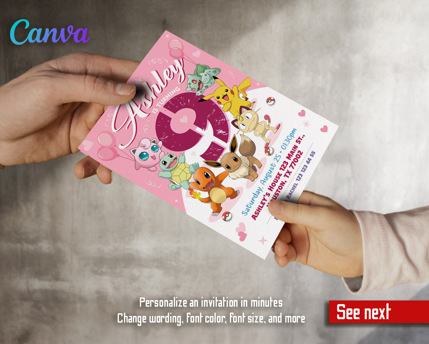 Pokemon customizable invite template girl | instant download | Share or Print | SF604