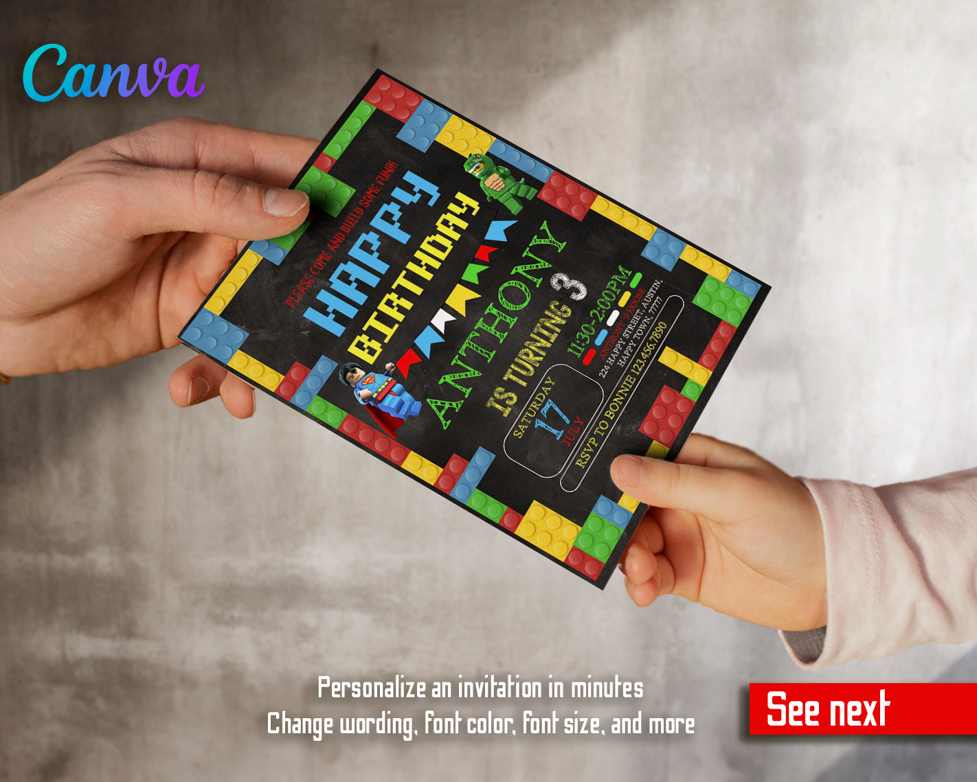 Lego customizable invite template boy | instant download | Share or Print | CR442