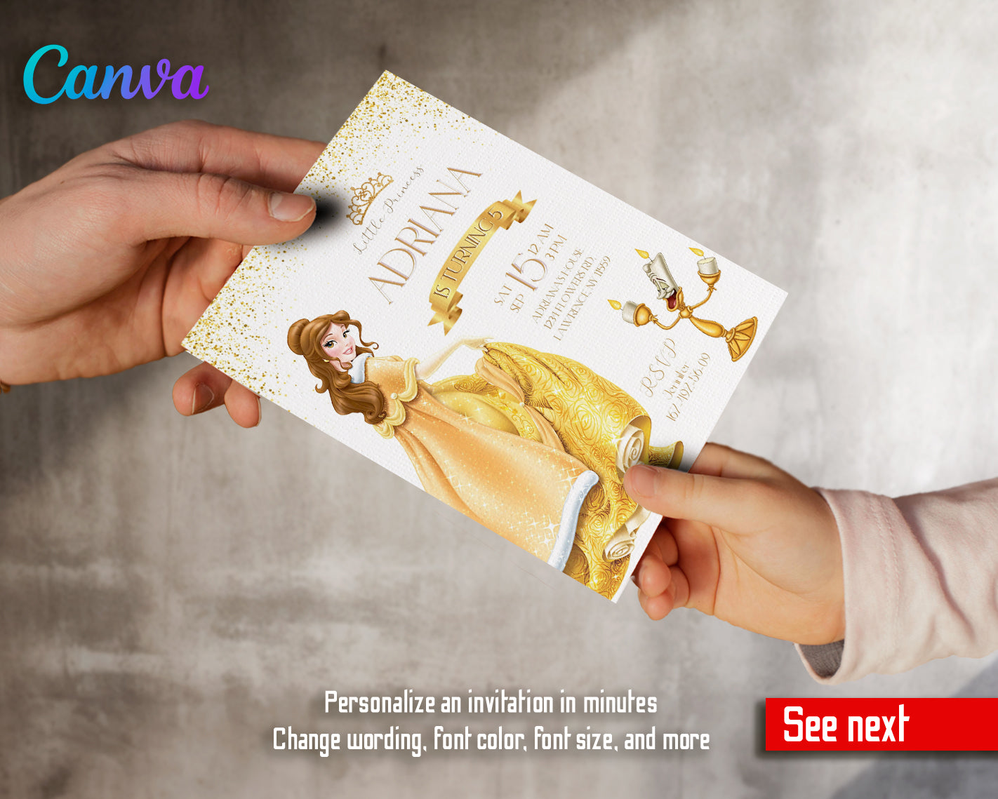 Belle Princess customizable invite template girl | instant download | Share or Print | PR115