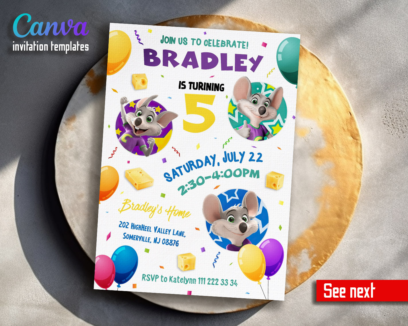 Chuck E. Cheese customizable invitation template | Share or Print |  | GK379