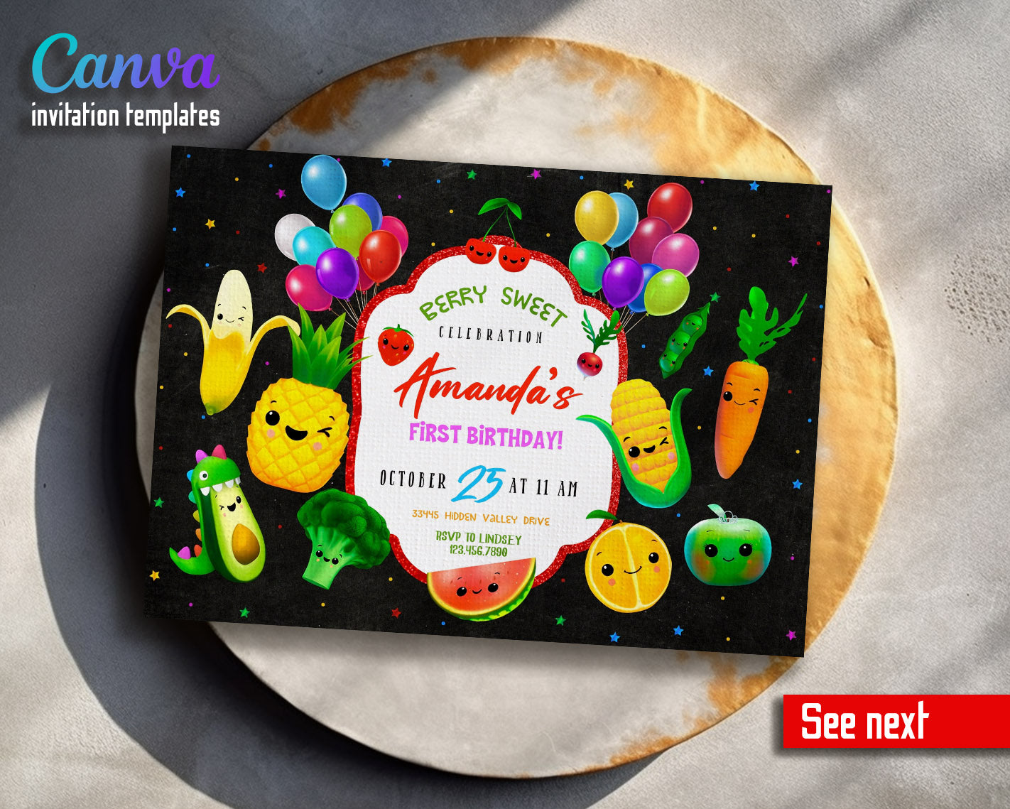 Hey Bear Sensory Dancing Fruits customizable invitation template | Share or Print |  | BF445