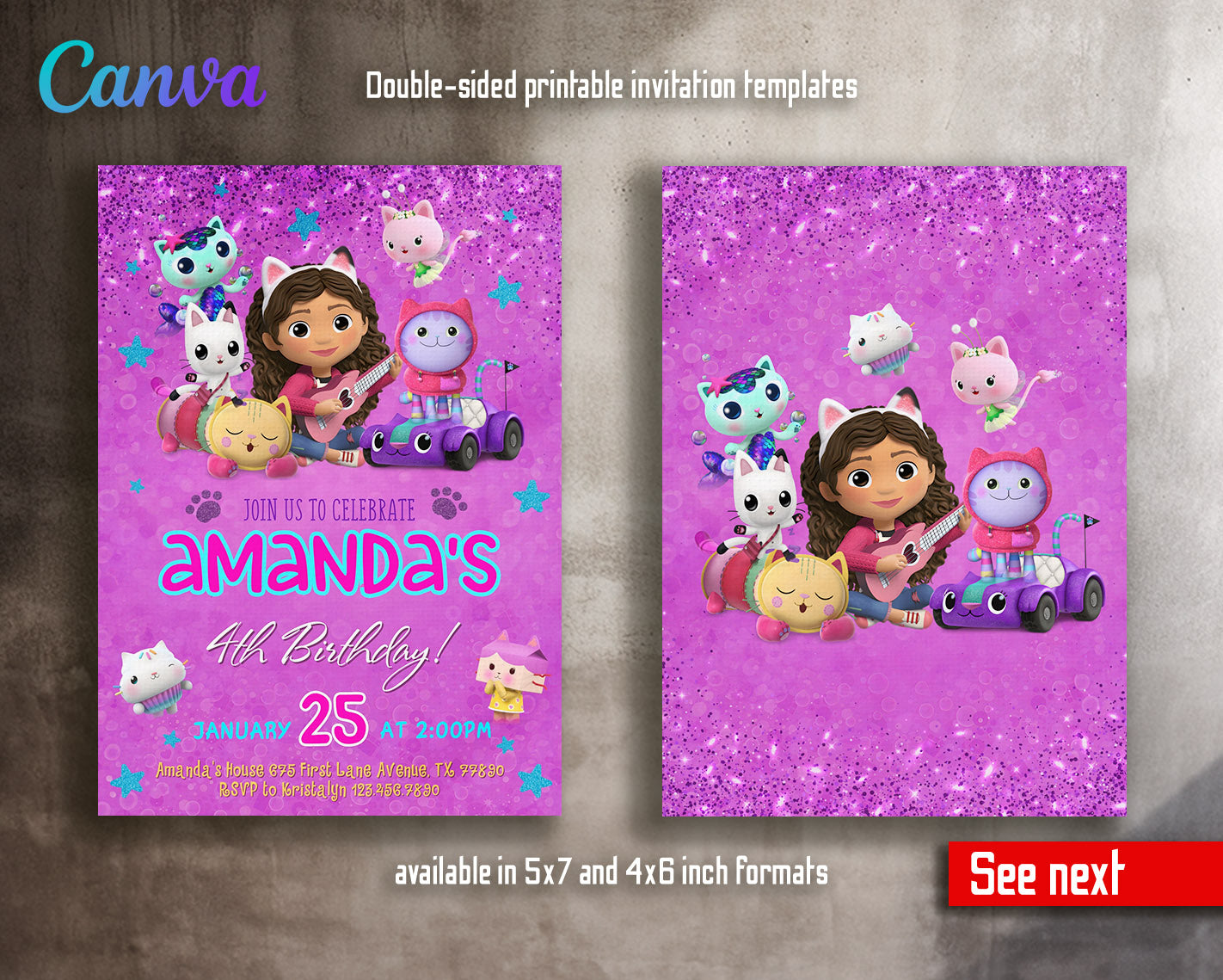 Gabby's Dollhouse Kitten customizable invitation template | Share or Print | girl | UR015