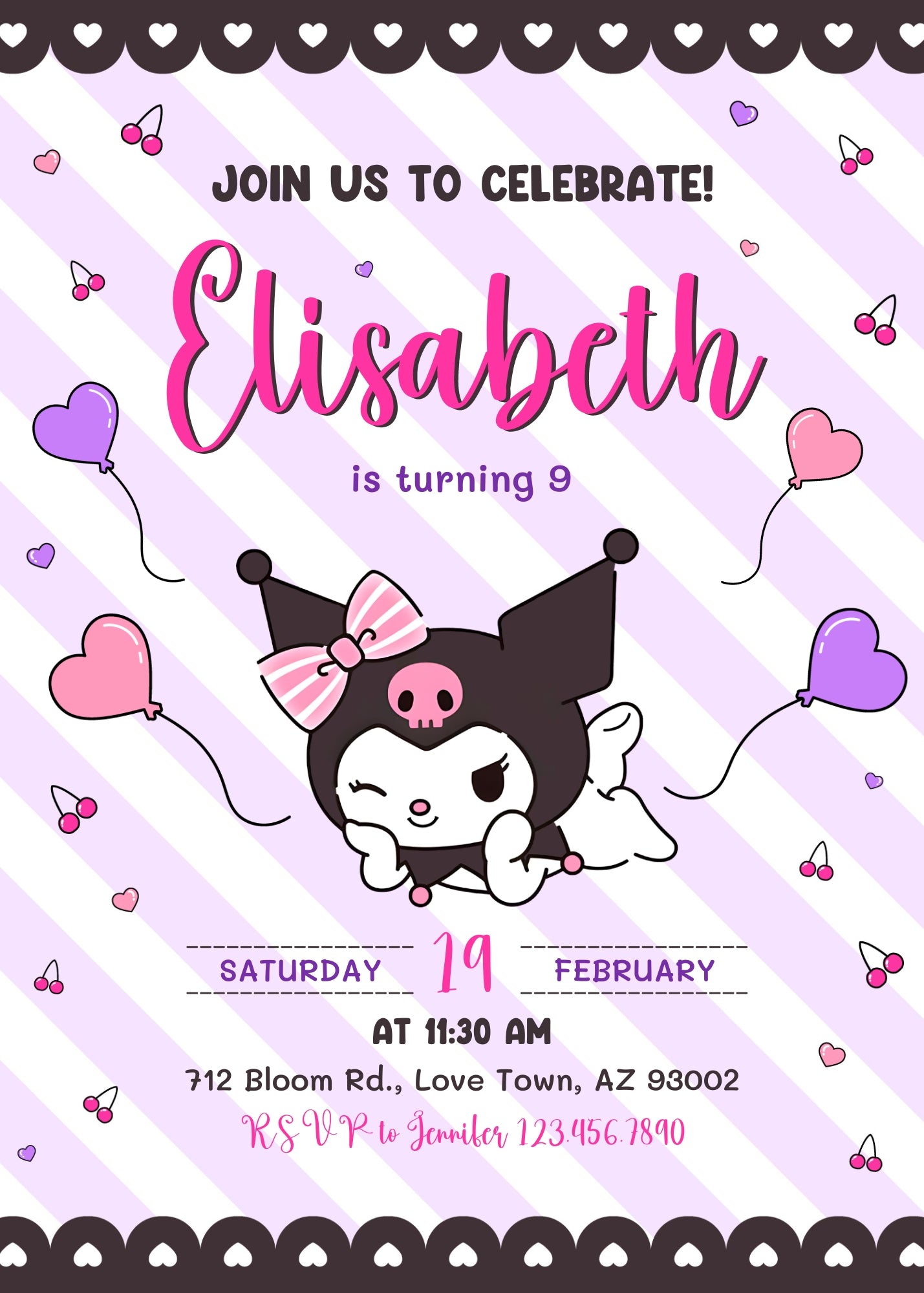 Kuromi Hello Kitty Sanrio customizable invitation template | Share or Print | | AI672