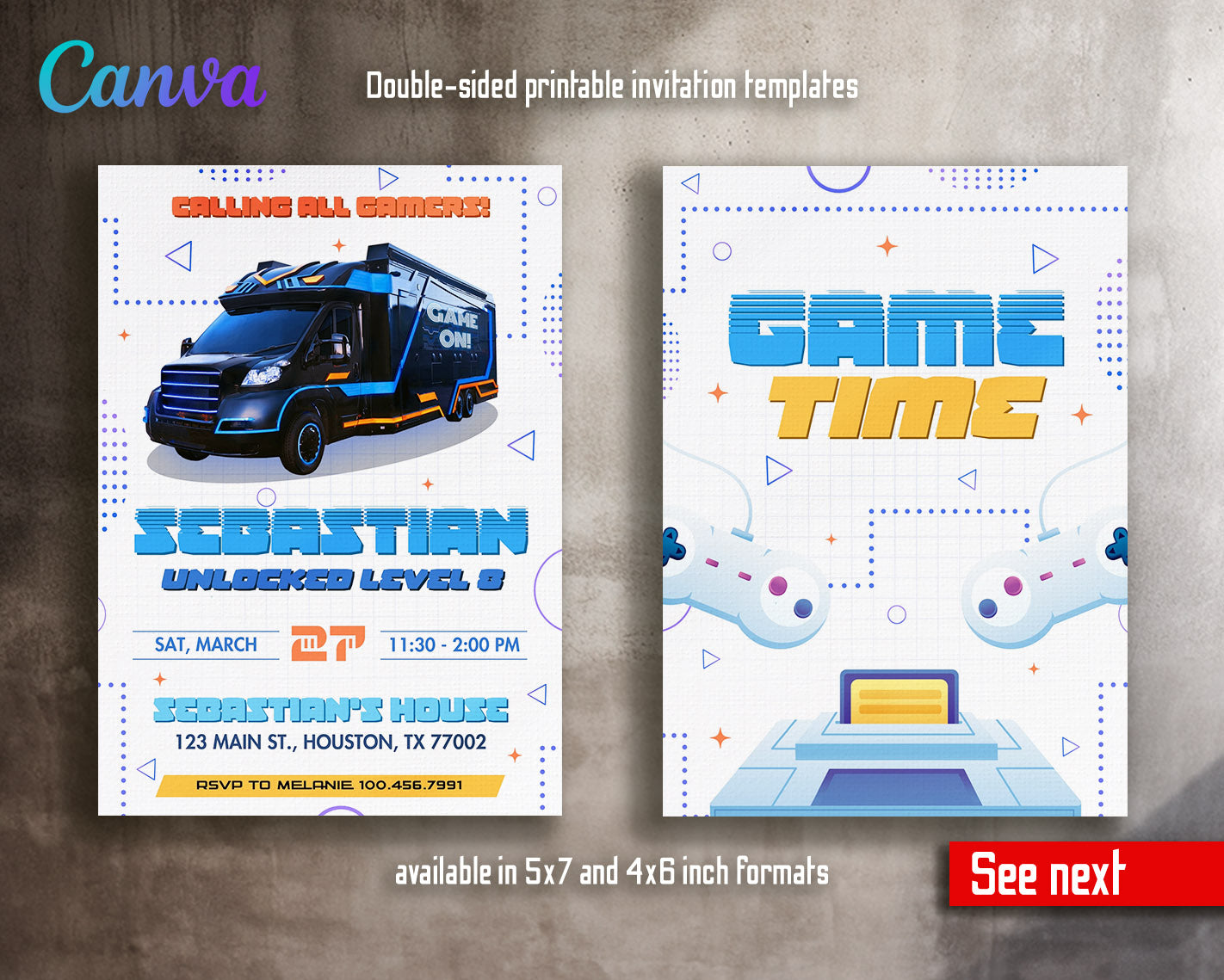 Video Game Bus Gamer customizable invitation template | Share or Print | boy | RU659