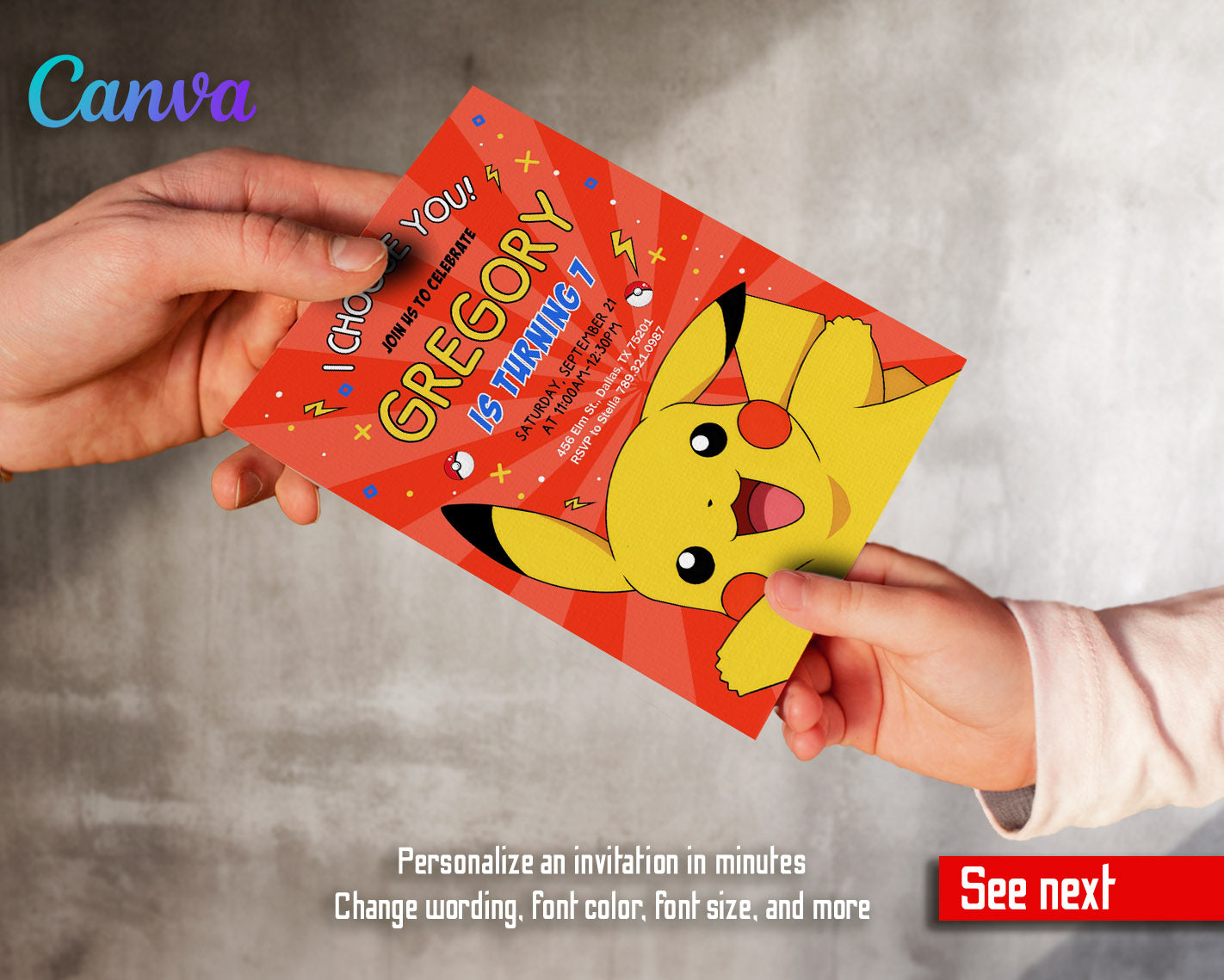 Pokemon Pikachu  customizable invitation template | Share or Print |  | PO743