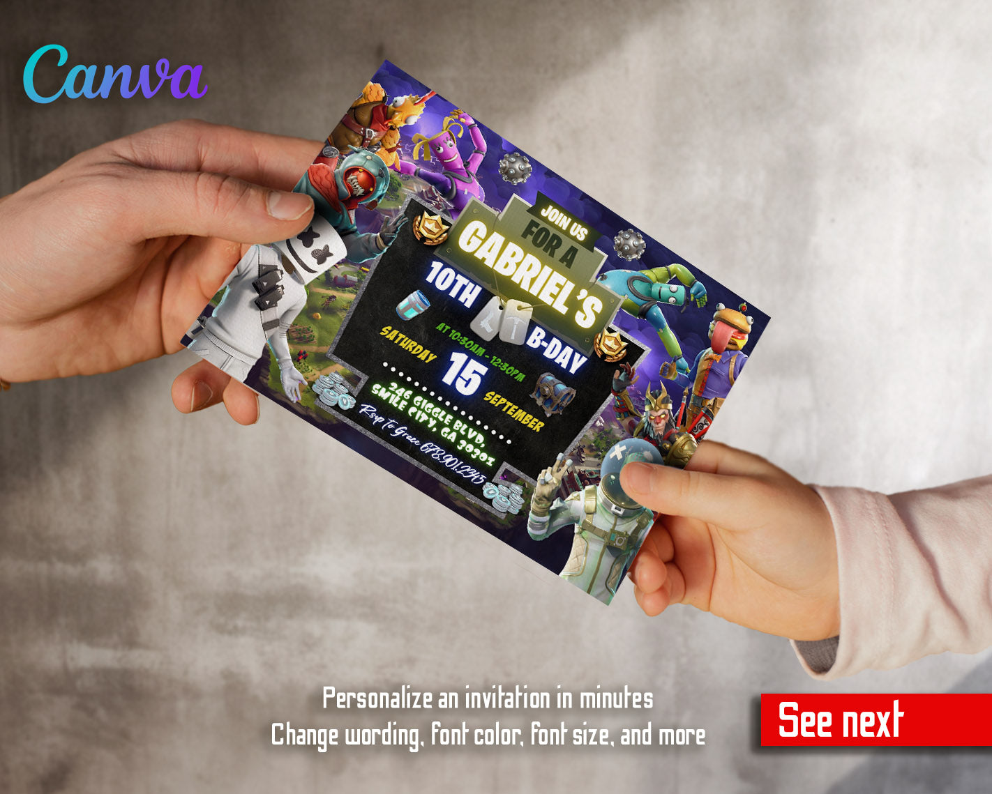 Fortnite gamer customizable invitation template | Share or Print | boy | LZ398