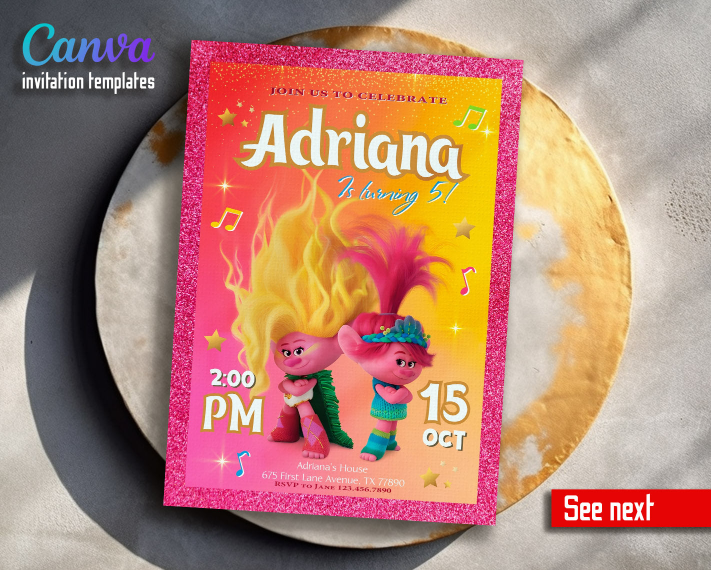 Trolls Poppy  customizable invitation template | Share or Print |  | XH779