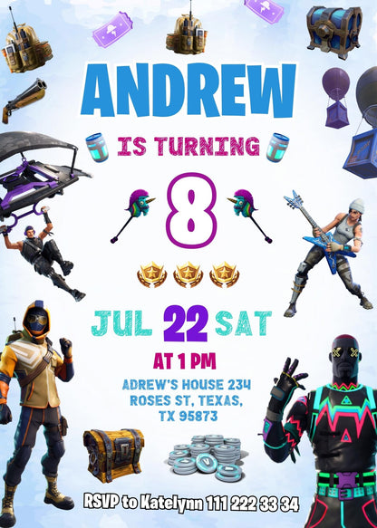 Fortnite gamer customizable invite template | instant download | Share or Print | BX966