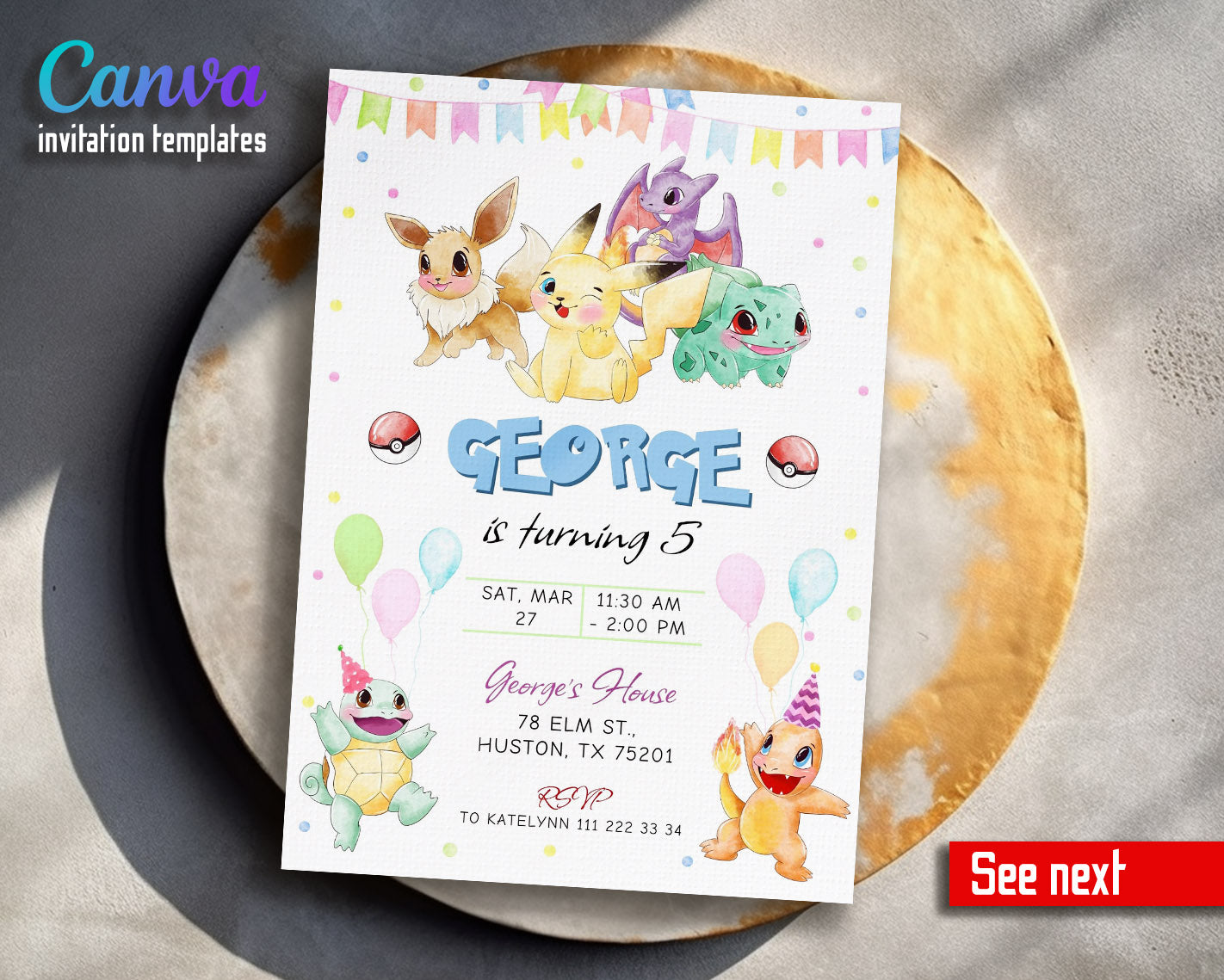 Pokemon Pikachu  customizable invitation template | Share or Print |  | KR802