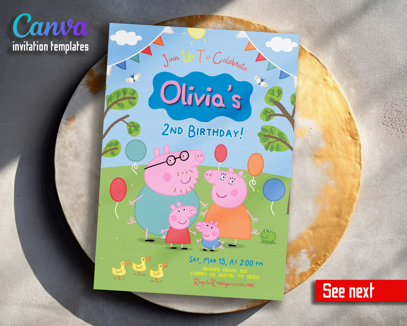 Peppa Pig customizable invitation template | Share or Print | girl | EP754