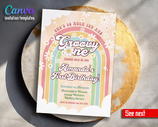 Groovy One First Birthday customizable invitation template | Share or Print |  | NL959