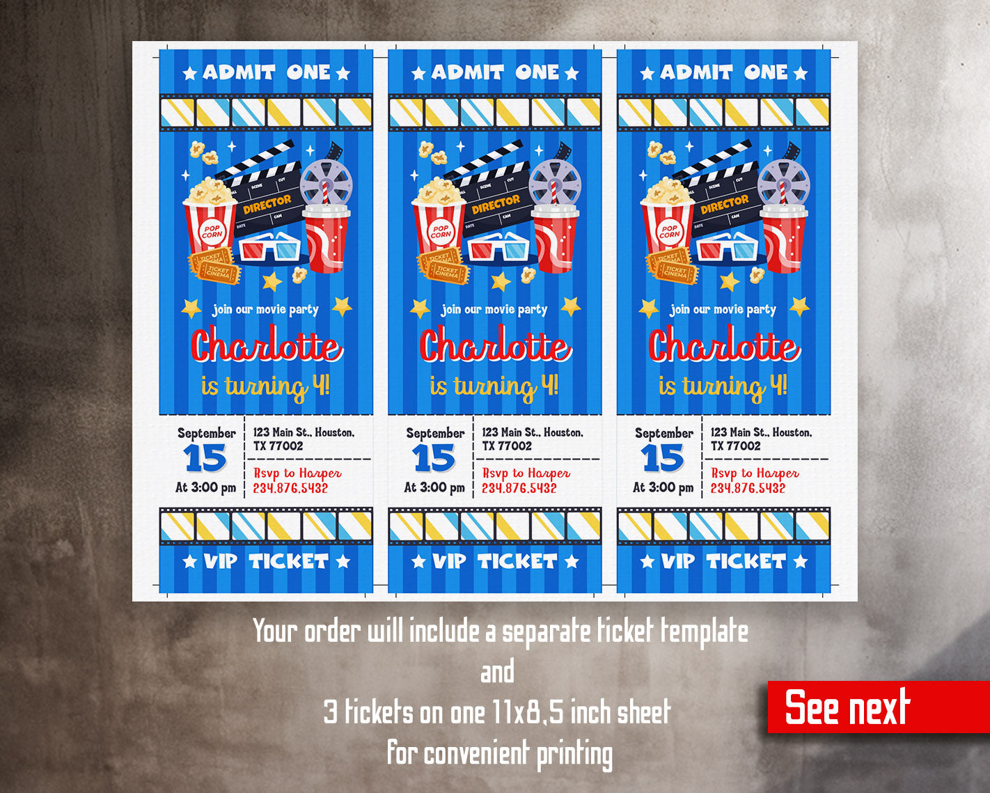 Movie Cinema Party customizable invitation template | Share or Print |  | NB042