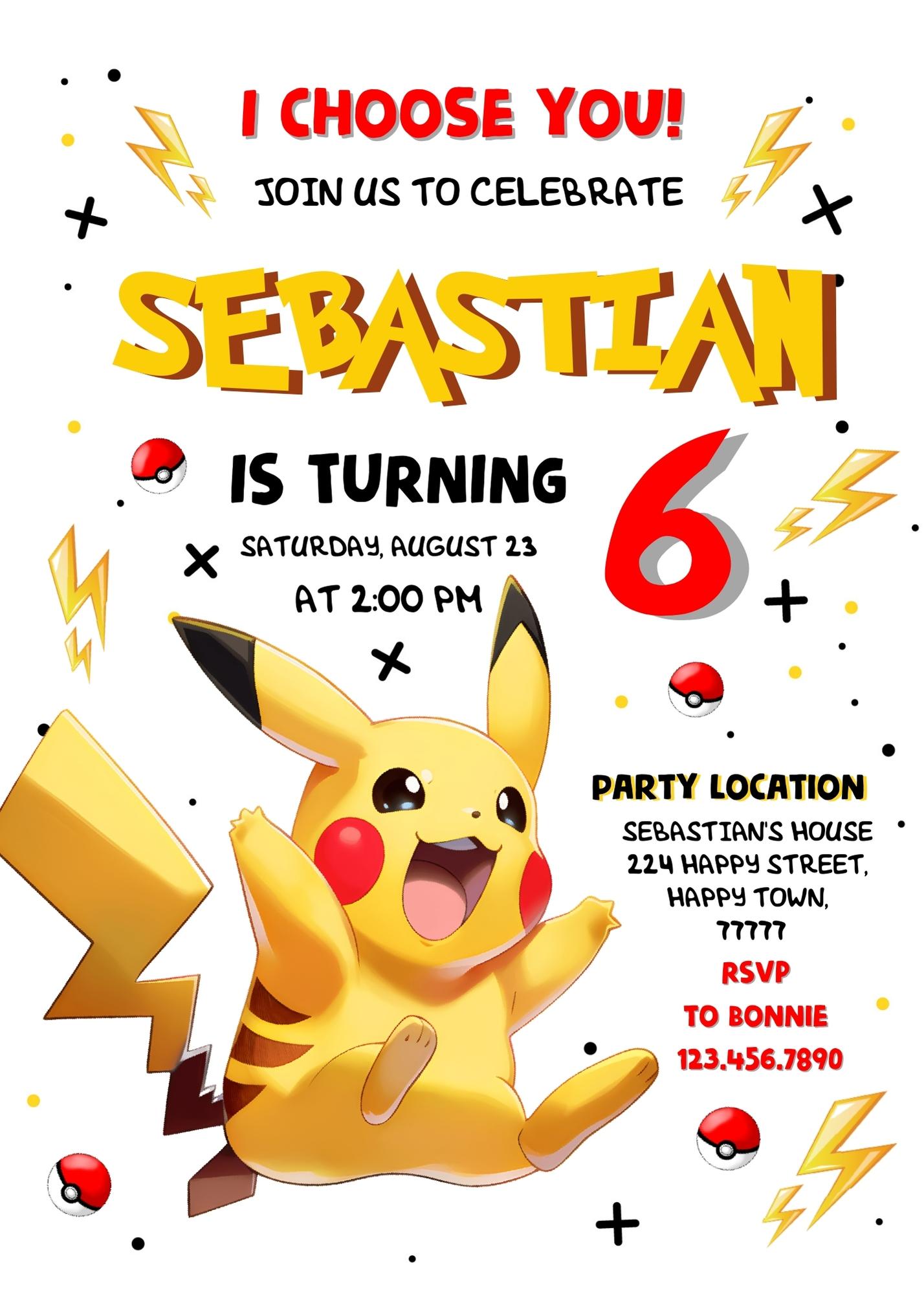 Pokemon Pikachu  customizable invitation template | Share or Print |  | MJ947