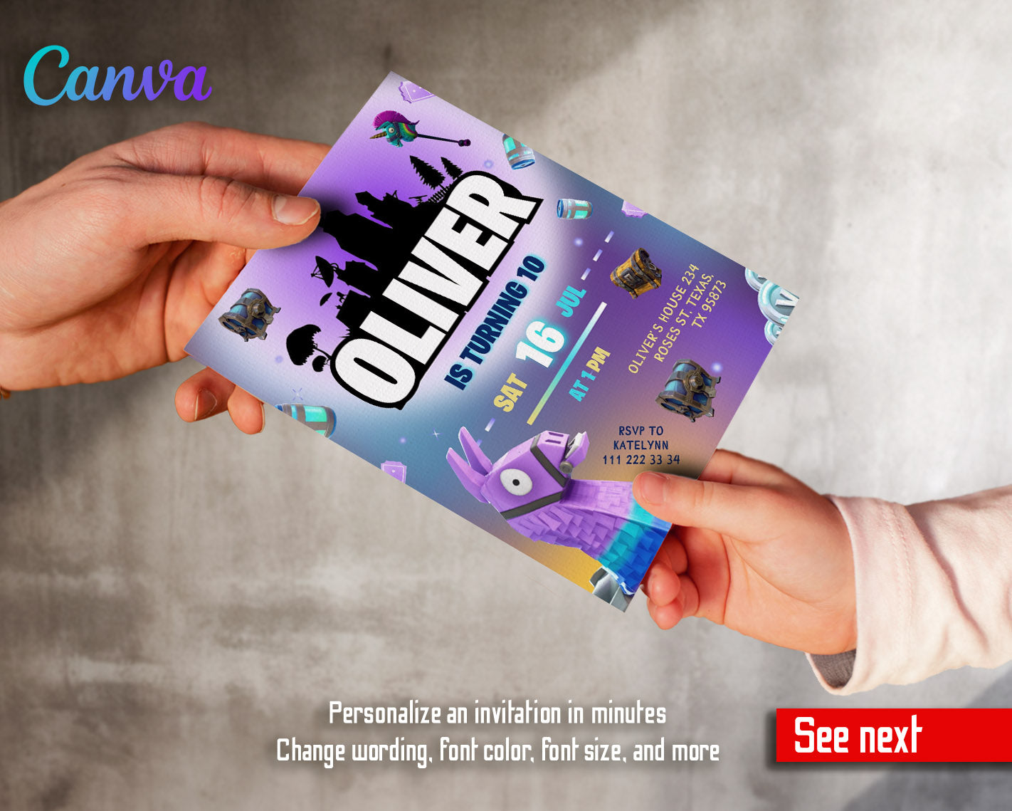 Fortnite gamer customizable invitation template | Share or Print | boy | AZ659