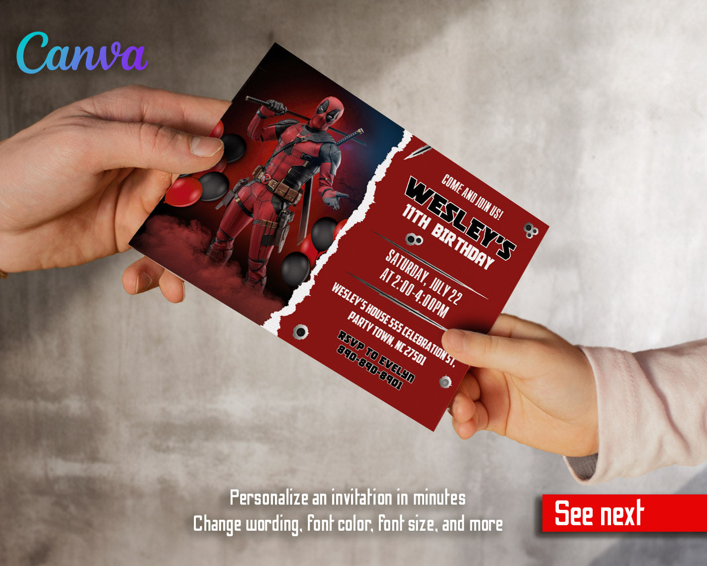 Deadpool Marvel customizable invitation template | Share or Print | boy | QC454