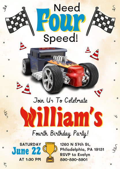 Hot Wheels Need Four Speed  customizable invitation template | Share or Print | boy | HG764