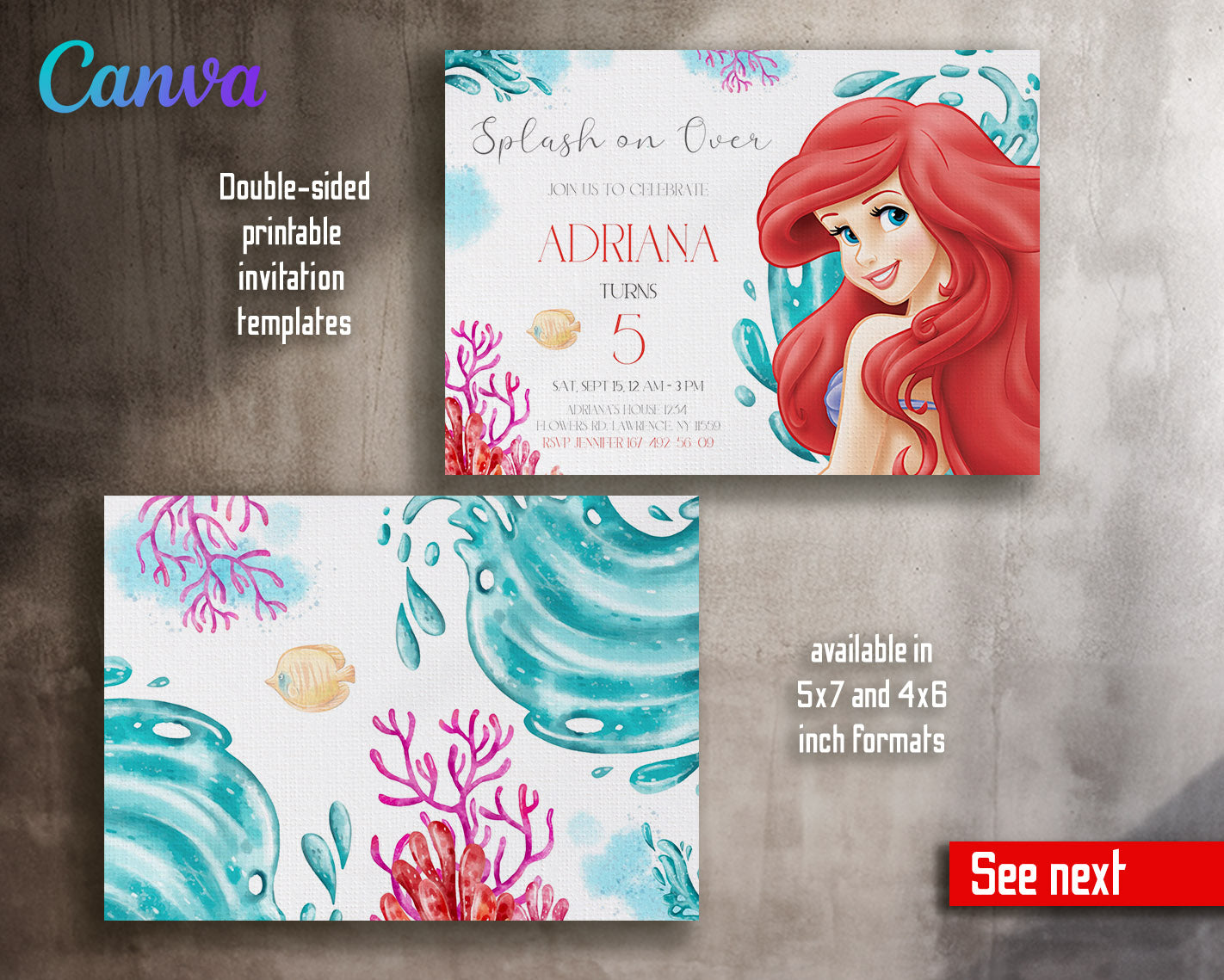 Ariel The Little Mermaid customizable invitation template | Share or Print | girl | FQ390