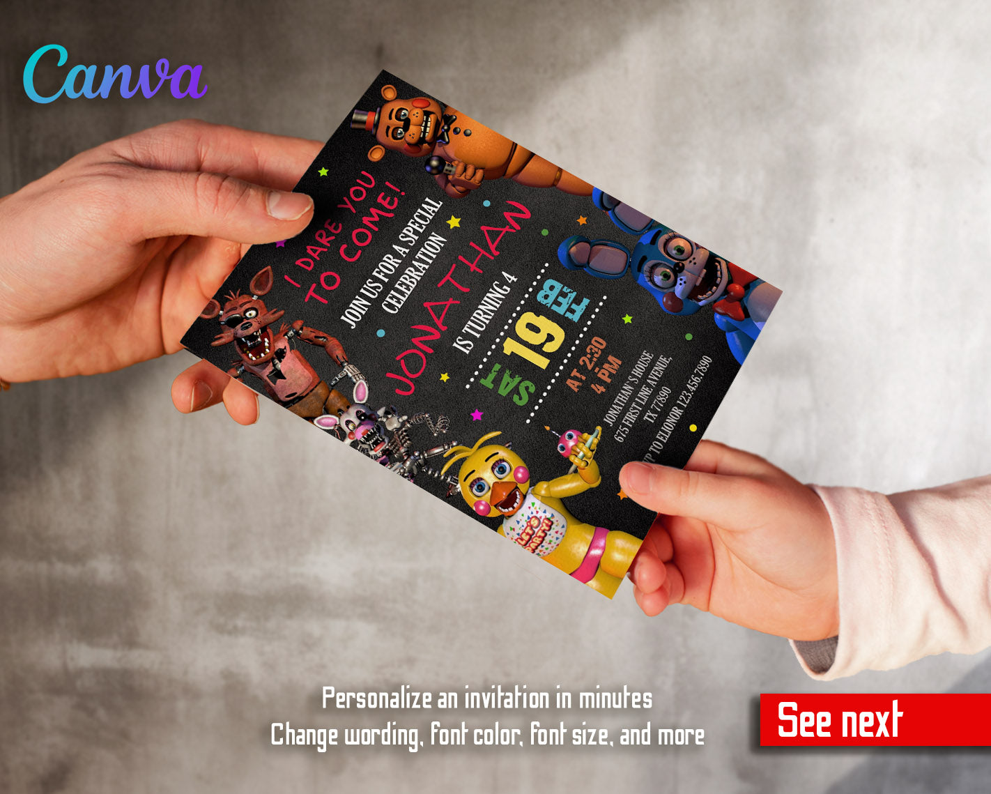 Five Nights at Freddy's customizable invitation template | Share or Print |  | JK025