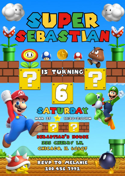 Super Mario Bros customizable invite template | instant download | Share or Print | IG136