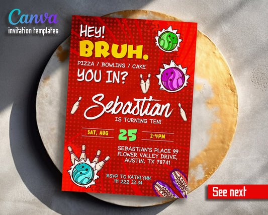 Bruh Bowling customizable invitation template | Share or Print | boy | EU244