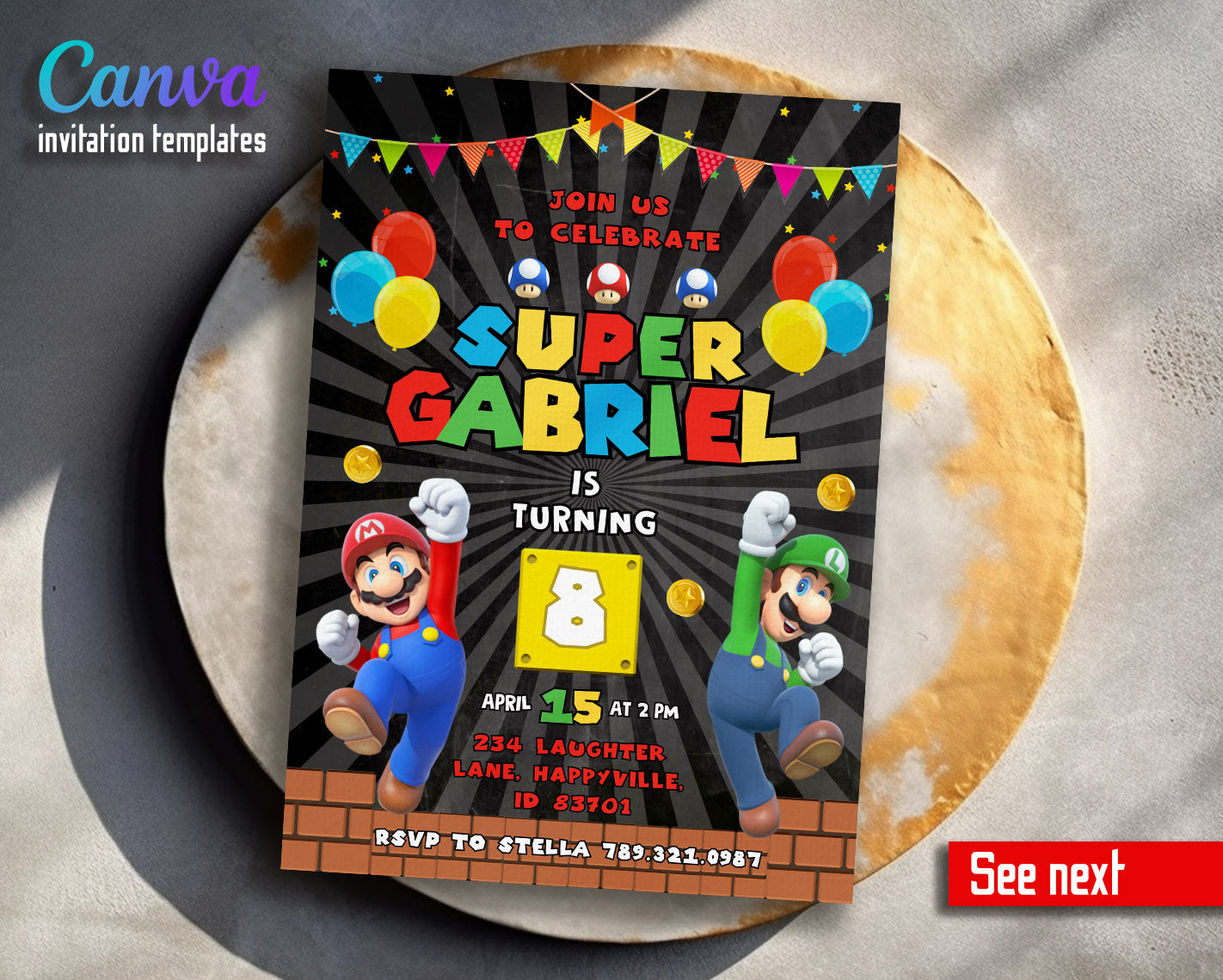 Super Mario Bros  customizable invitation template | Share or Print |  | FJ235