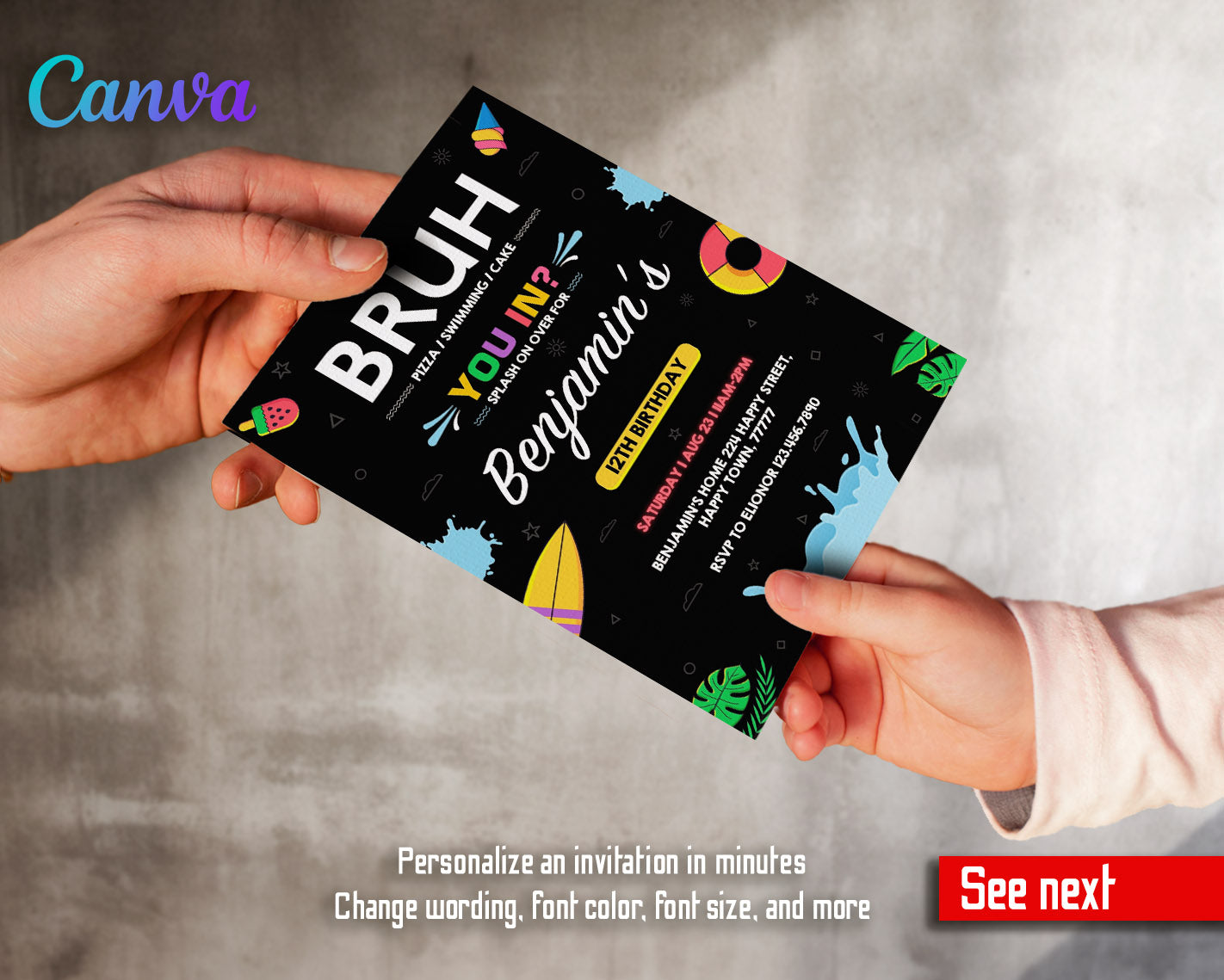 Bruh Pool customizable invitation template | Share or Print | boy | IW500