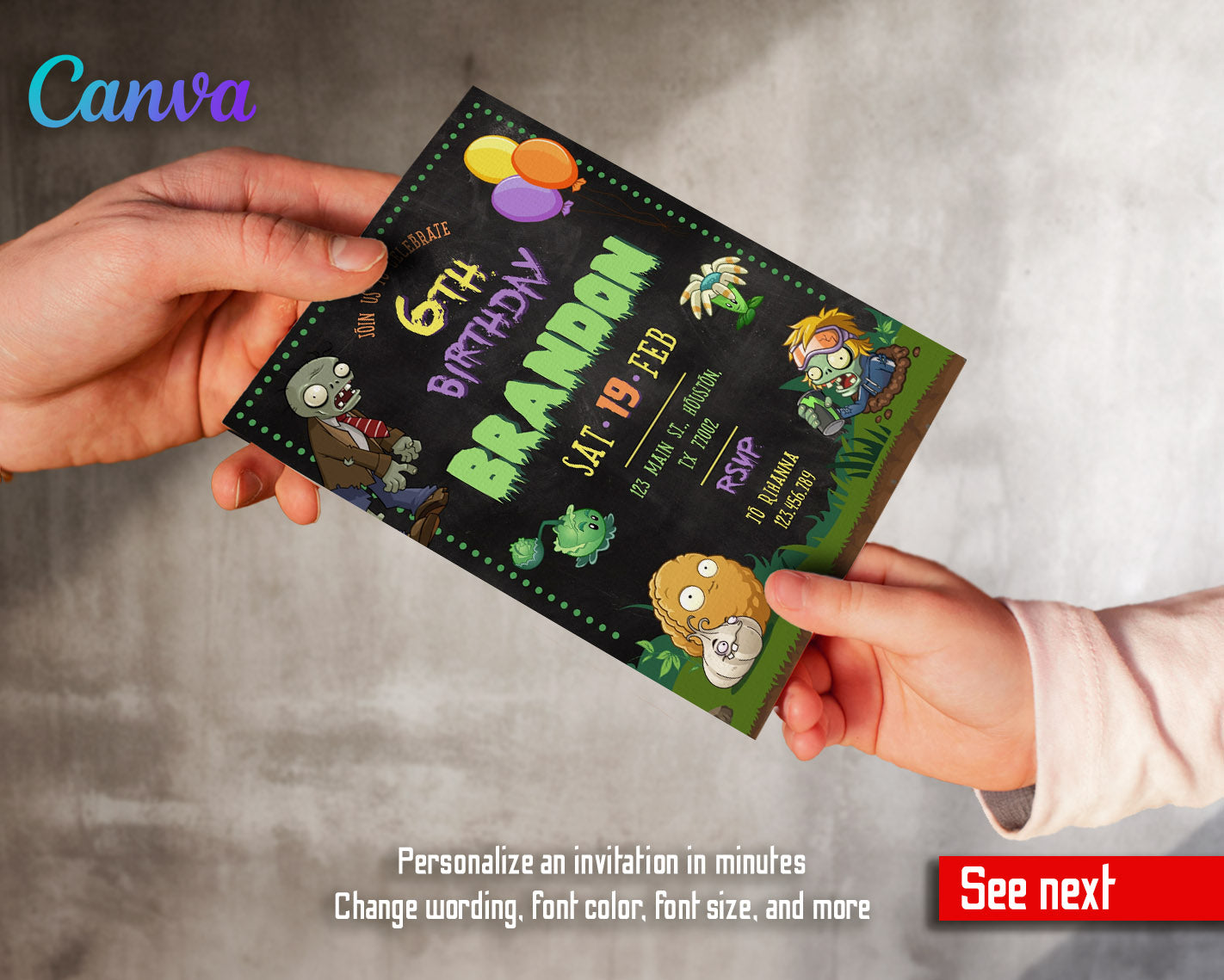 Plants vs Zombies Gamer customizable invitation template | Share or Print |  | OE315