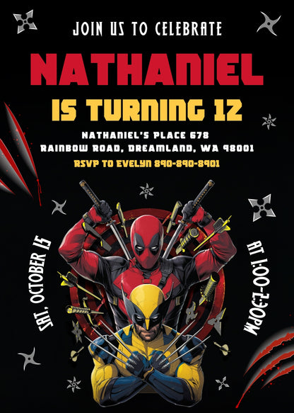 Deadpool Wolverine Marvel  customizable invitation template | Share or Print | boy | YV627