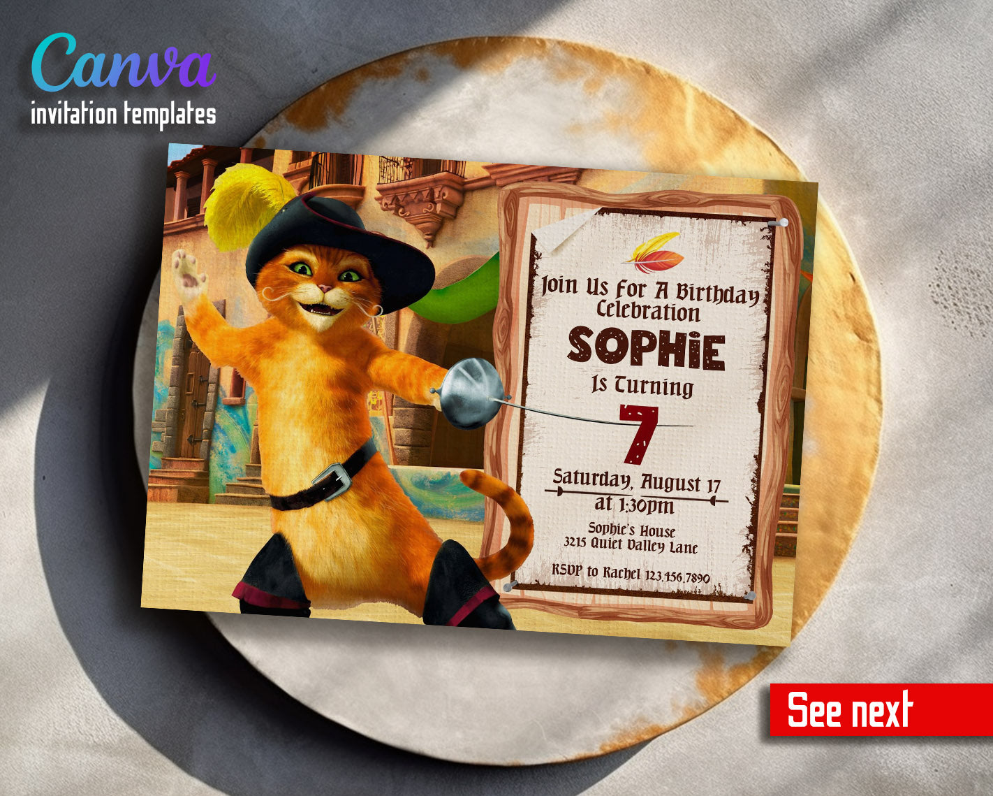 Puss in Boots Cat Shrek customizable invitation template | Share or Print |  | XQ756