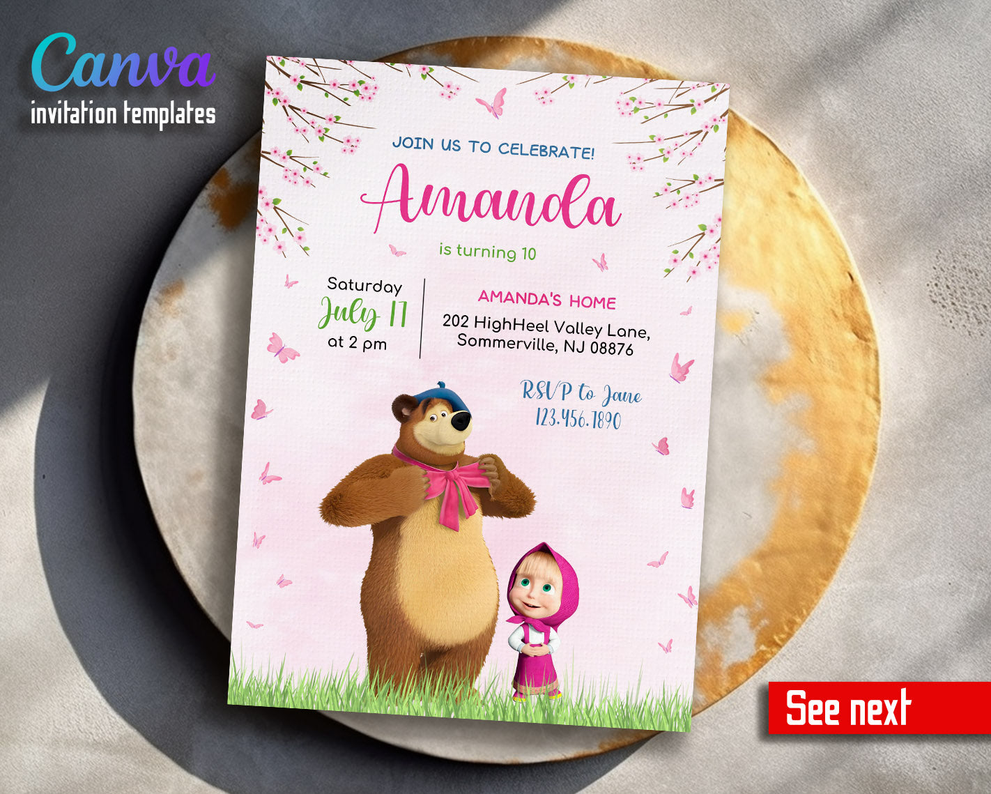 Masha and the Bear customizable invitation template | Share or Print |  | QF059