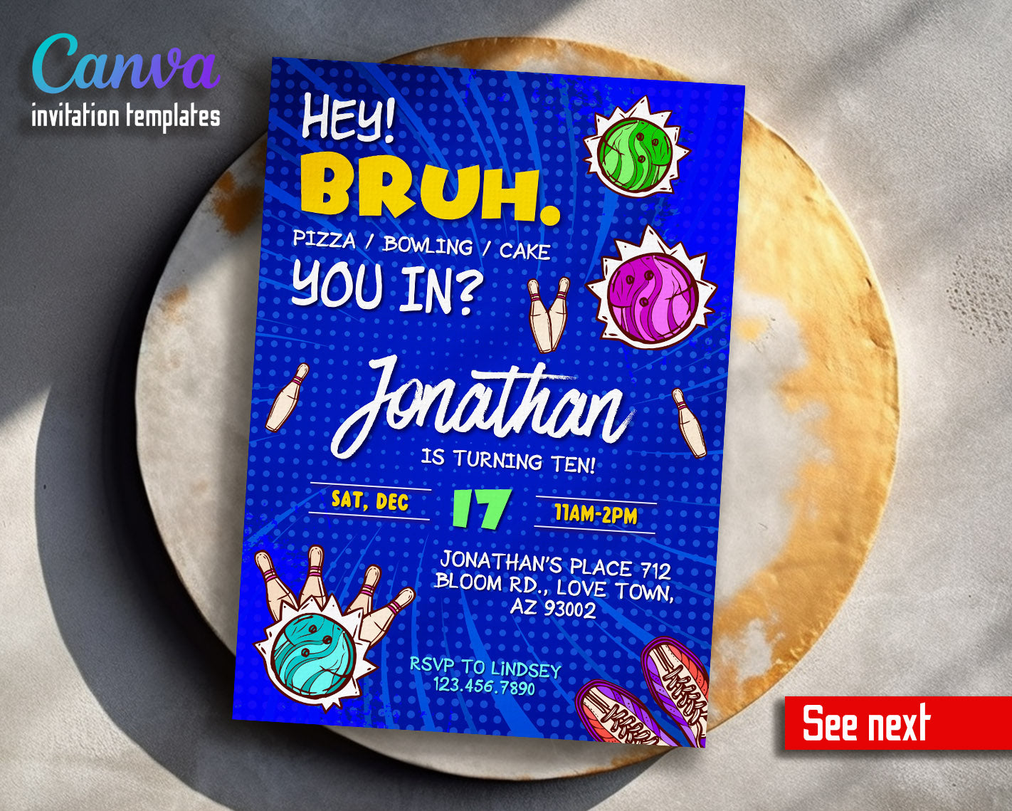 Bruh Bowling customizable invitation template | Share or Print | boy | FD258