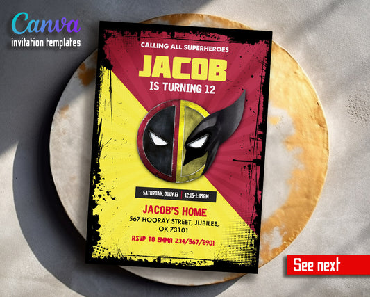 Deadpool Wolverine Marvel  customizable invitation template | Share or Print | boy | PR875