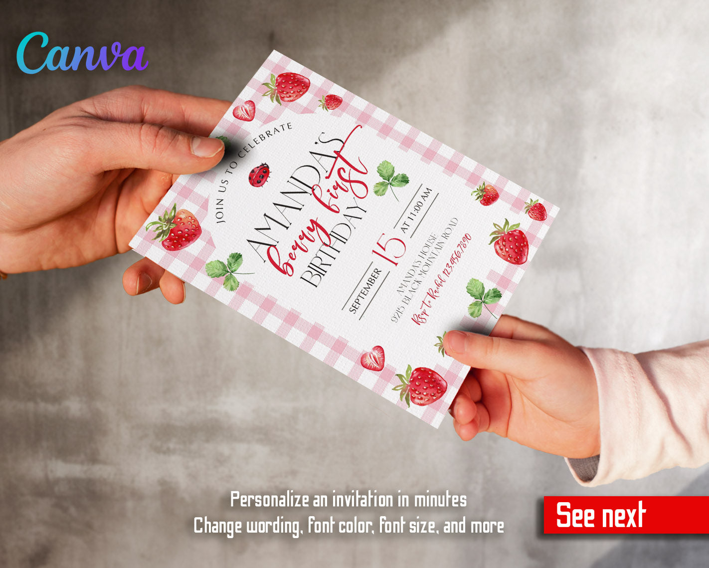 Berry First Birthday customizable invitation template | Share or Print | girl | XY695