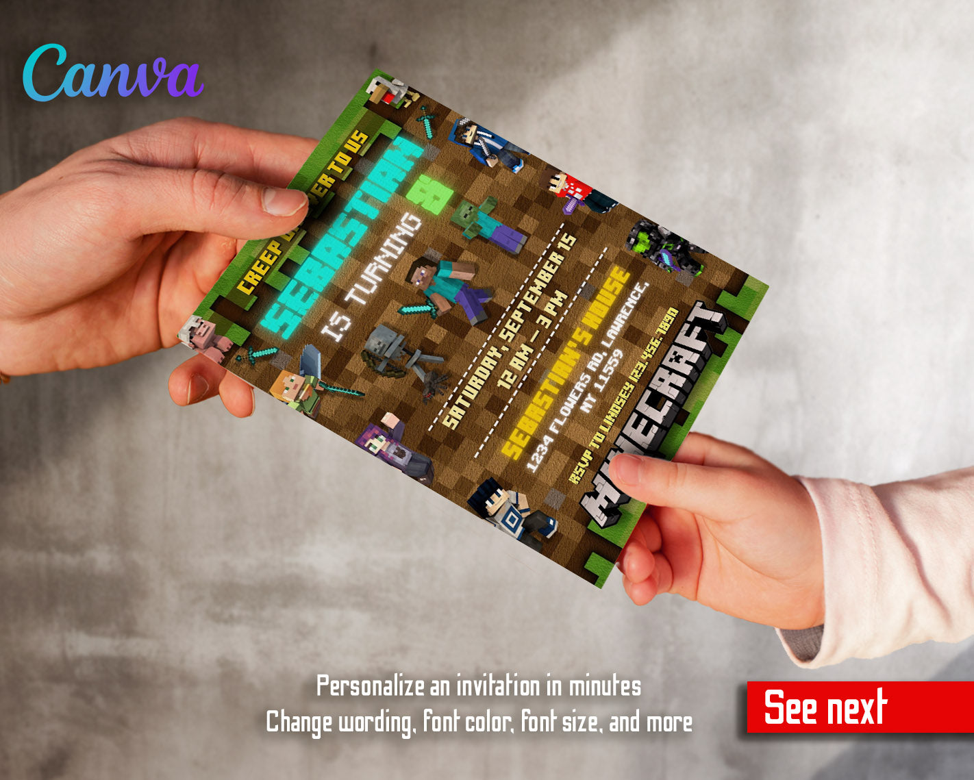 Minecraft Gamer customizable invitation template | Share or Print | | DL413