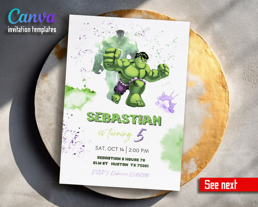 Hulk The Avengers Marvel Superhero customizable invitation template | Share or Print | boy | QU680