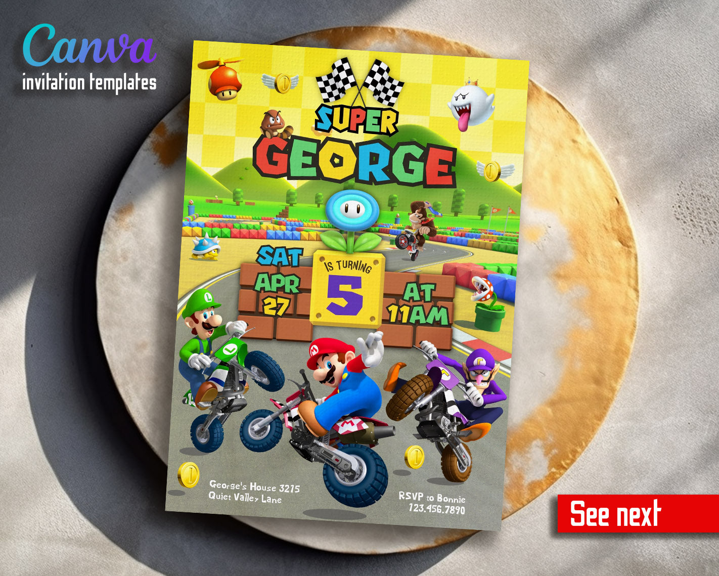 Super Mario Bros Motorcycle customizable invitation template | Share or Print |  | YZ119