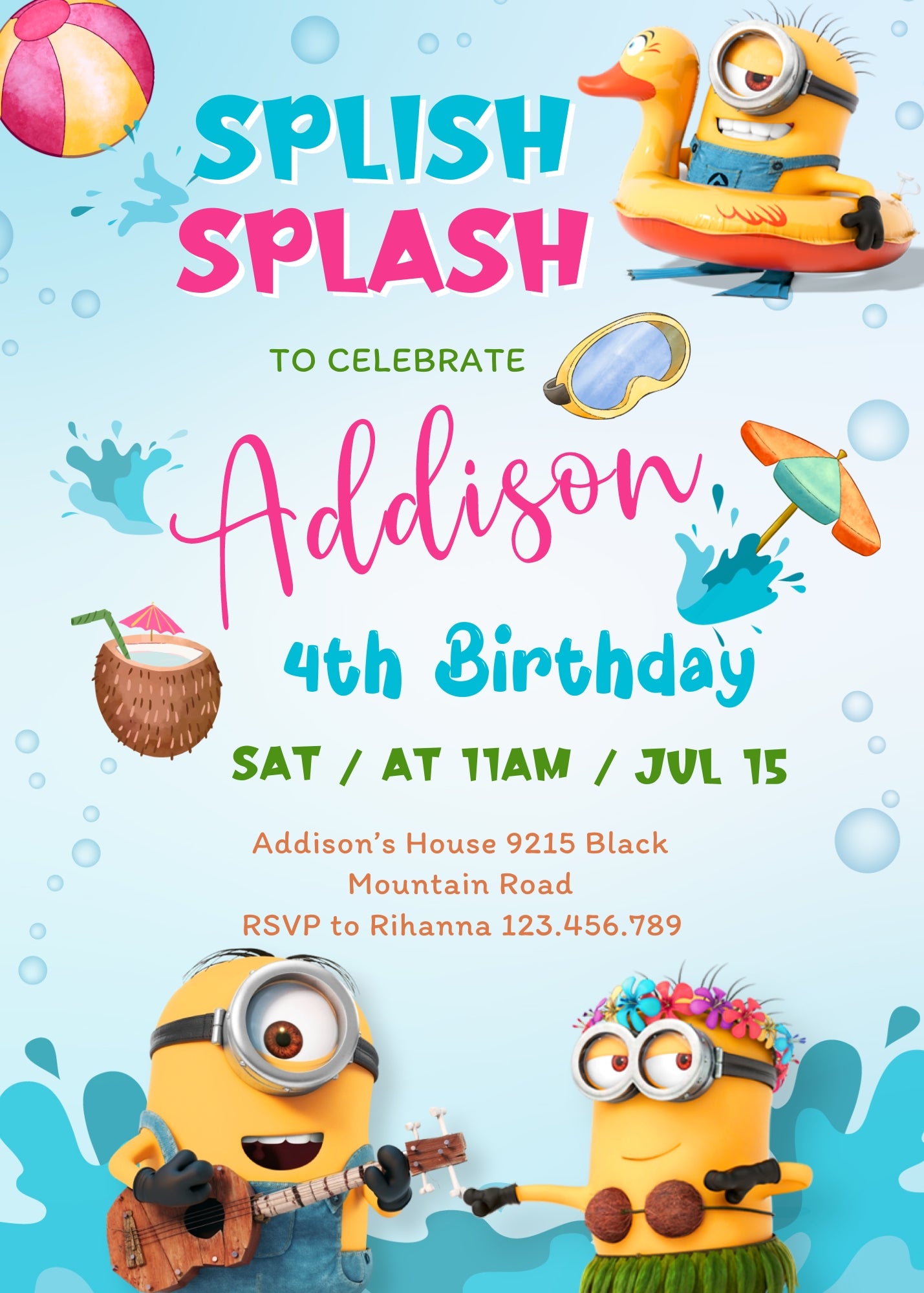 Minions Pool Party Despicable Me customizable invitation template | Share or Print | | EF133