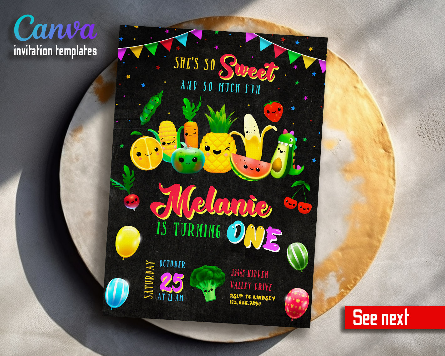 Hey Bear Sensory Dancing Fruits customizable invitation template | Share or Print |  | UV732