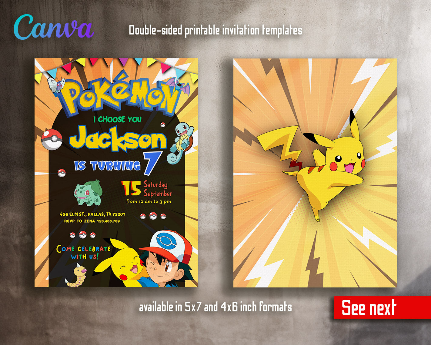 Pokemon Pikachu  customizable invitation template | Share or Print |  | RK777