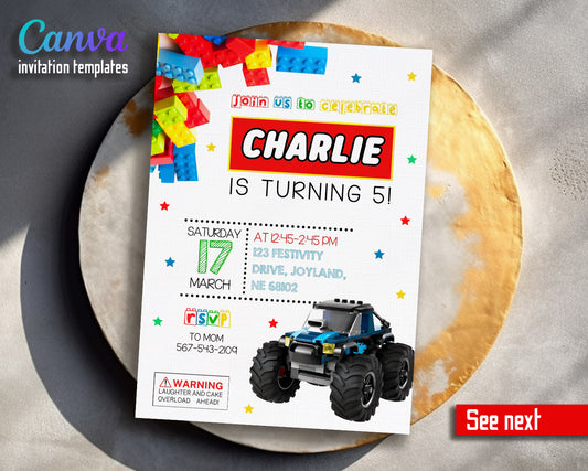 Lego Monster Truck customizable invitation template | Share or Print | boy | TP953