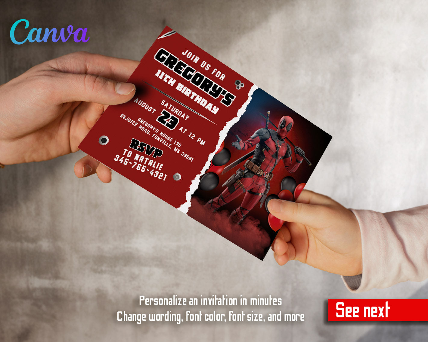 Deadpool Marvel  customizable invitation template | Share or Print | boy | YZ069