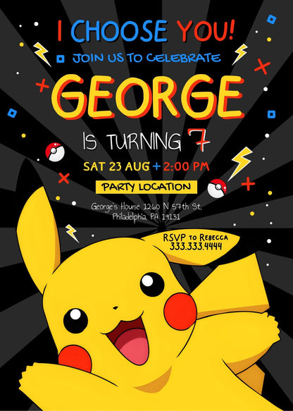 Pokemon Pikachu  customizable invitation template | Share or Print |  | PI640