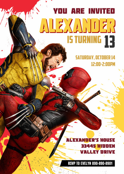 Deadpool Wolverine Marvel  customizable invitation template | Share or Print | boy | KE579