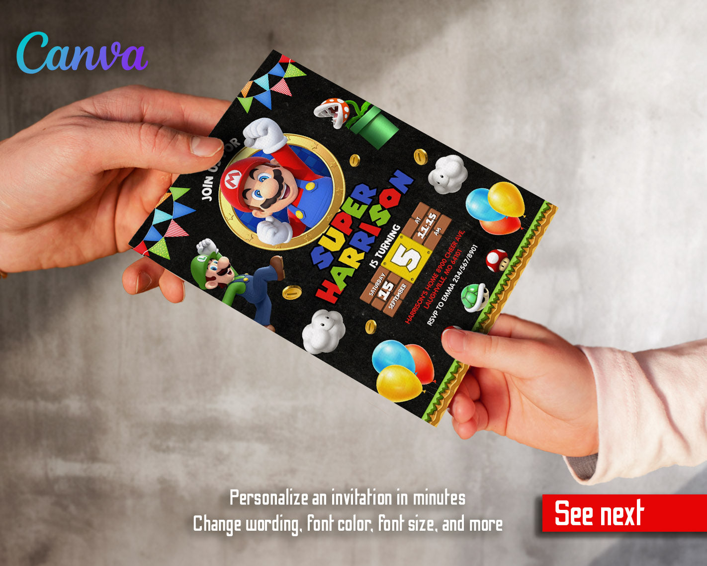 Super Mario Bros  customizable invitation template | Share or Print |  | UV801