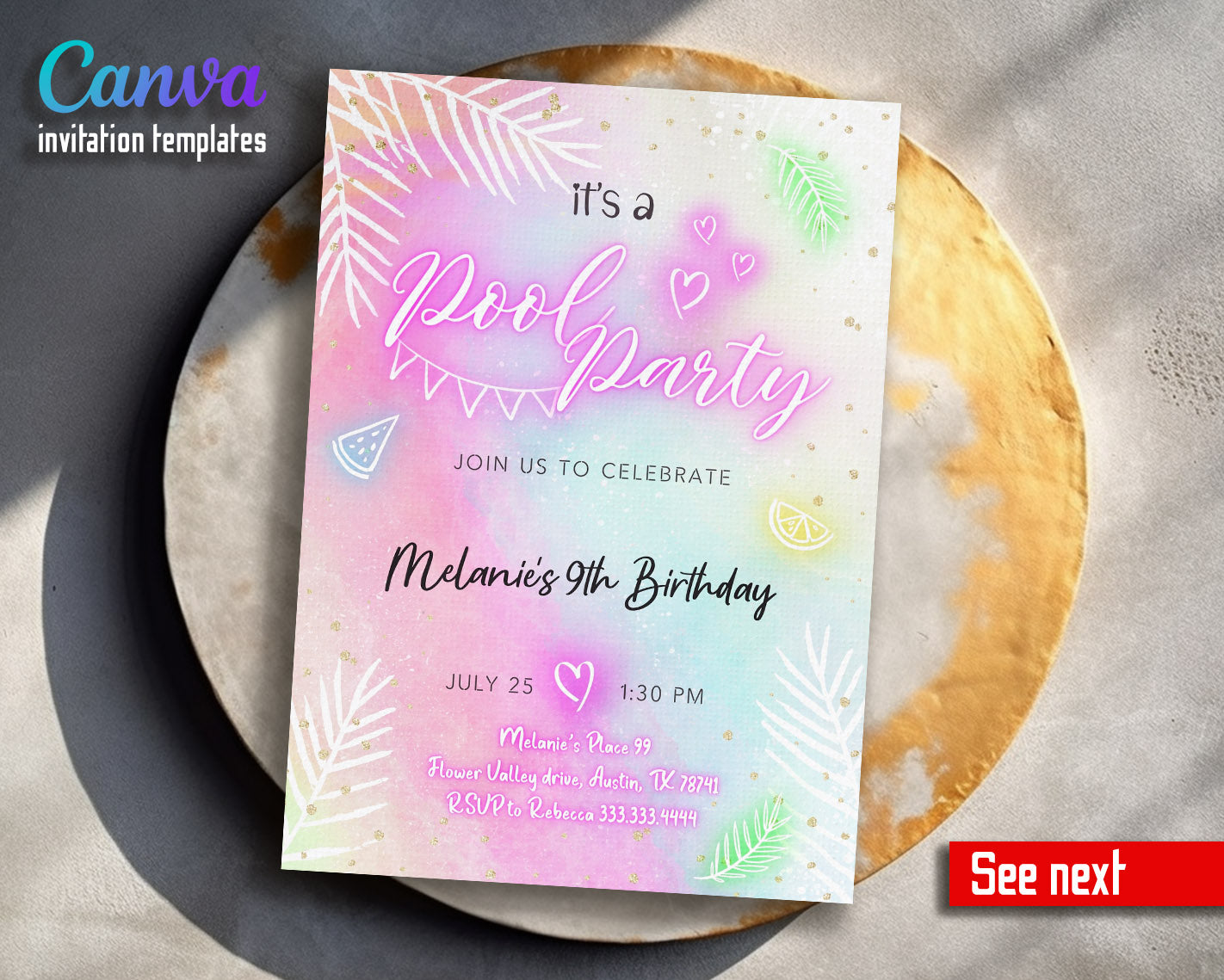 Pool Party customizable invitation template | Share or Print | girl | VS027