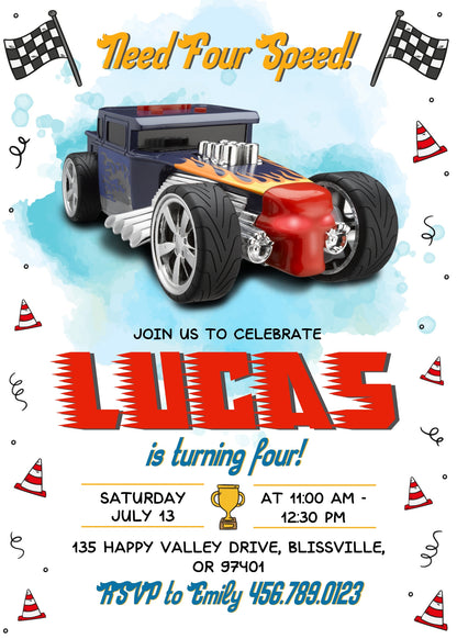 Hot Wheels Need Four Speed  customizable invitation template | Share or Print | boy | IG073