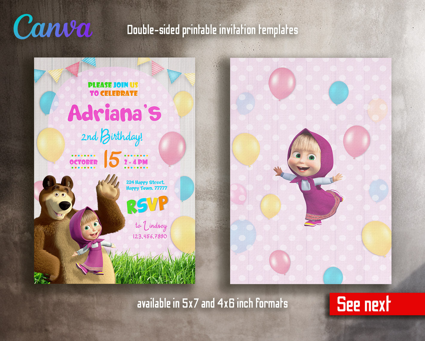 Masha and the Bear customizable invitation template | Share or Print |  | CE439