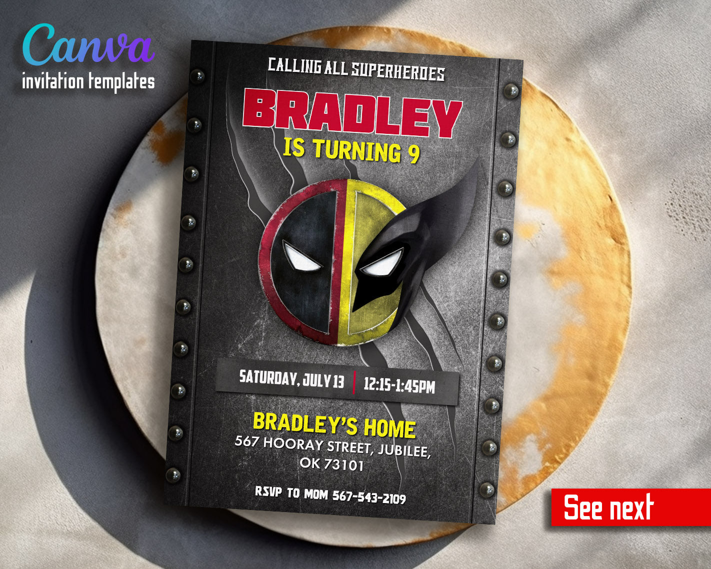 Deadpool Wolverine Marvel  customizable invitation template | Share or Print | boy | HN239