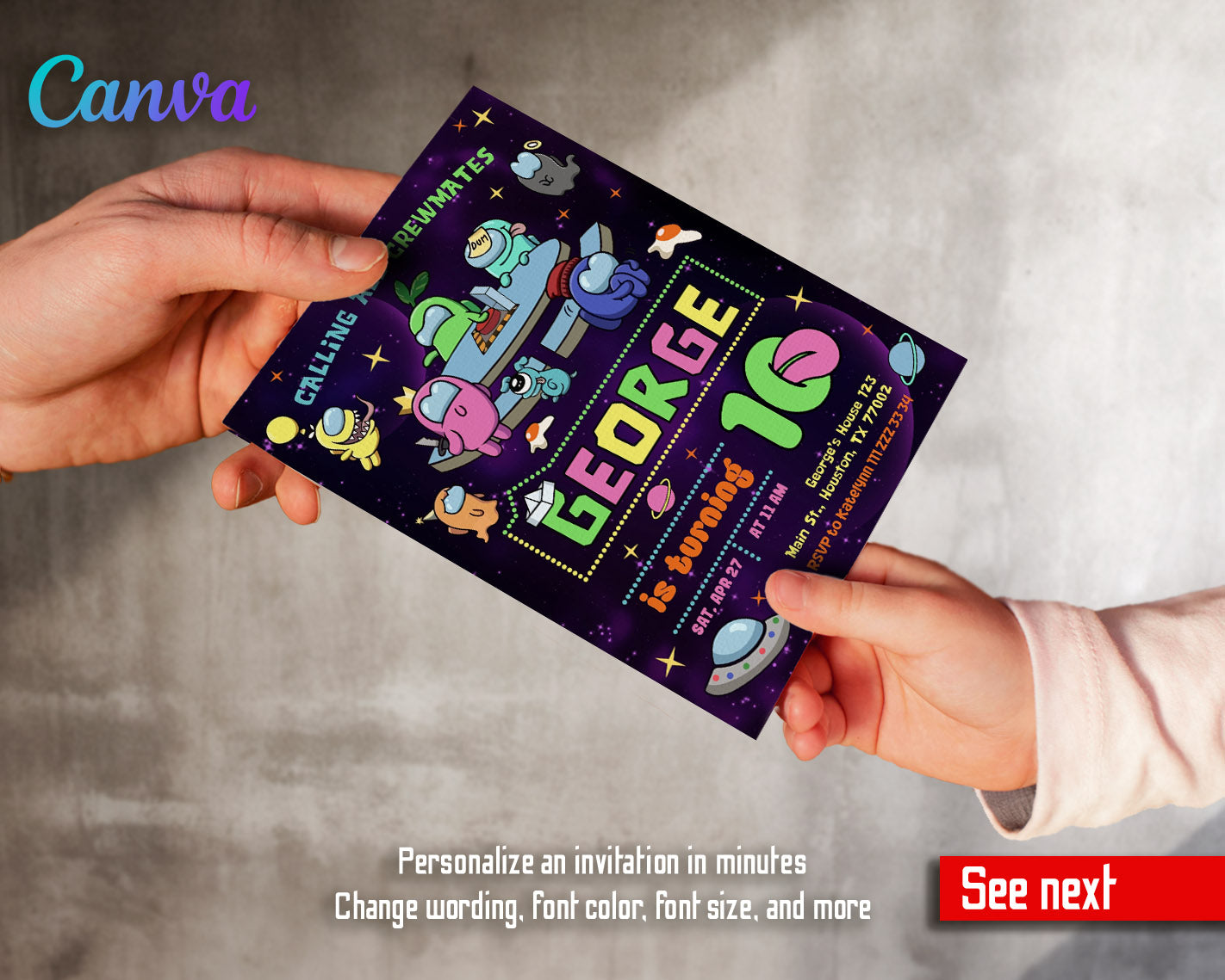 Among Us Gamer customizable invitation template | Share or Print |  | MA311